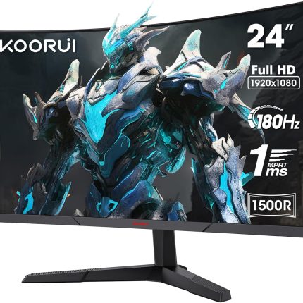 KOORUI 24 吋曲面遊戲顯示器 180Hz FHD 1080P 電腦顯示器,1ms 1500R VA 顯示器,自適應同步,FreeSync Premium,HDR10,HDMI2.0X2&DP1.2,VESA 相容,可傾斜調整,眼部護理,24E6CA